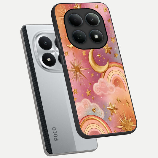 Golden Celestial Dreams phone case For Poco M8 Pro showing premium glass back cover with detailed artwork