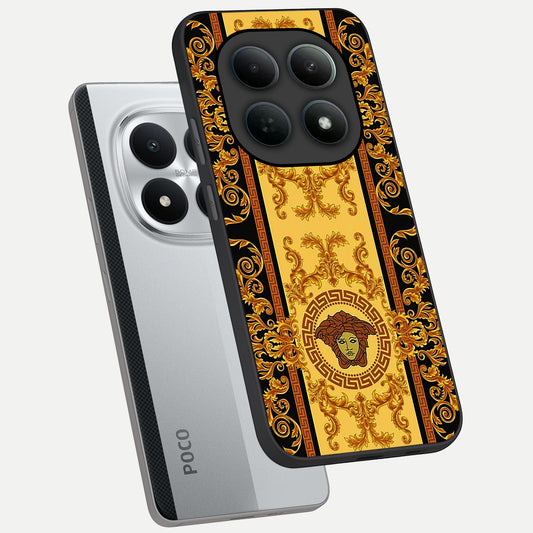 Golden Royal Heritage phone case For Poco M8 Pro showing premium glass back cover with detailed artwork
