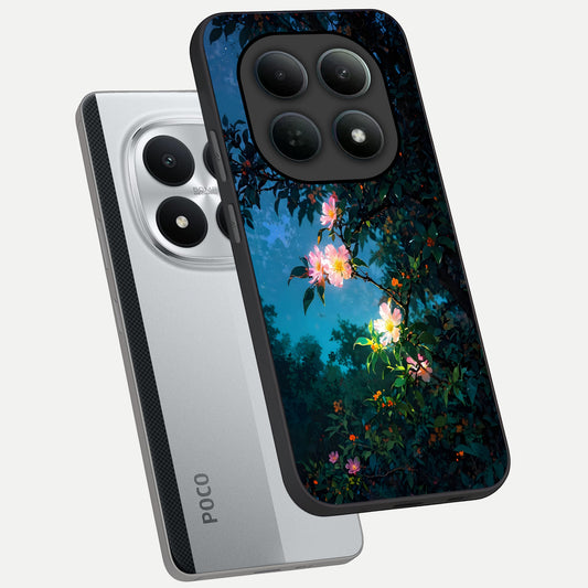 Midnight Bloom Glow phone case For Poco M8 Pro showing premium glass back cover with detailed artwork