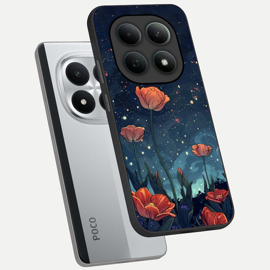 Midnight Tulip Glow phone case For Poco M8 Pro showing premium glass back cover with detailed artwork