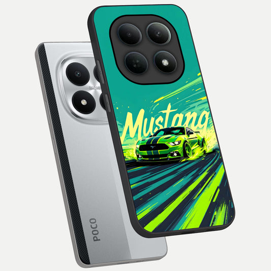 Mustang Bang phone case For Poco M8 Pro showing premium glass back cover with detailed artwork