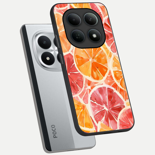 Orange Fruits Pattern phone case For Poco M8 Pro showing premium glass back cover with detailed artwork