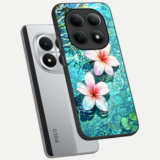 Pink Flowers in Water phone case For Poco M8 Pro showing premium glass back cover with detailed artwork