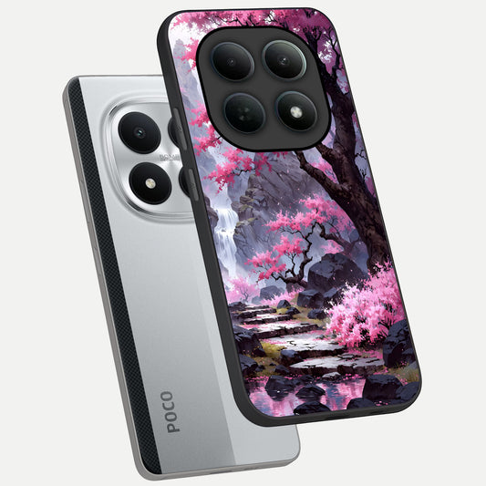 Pink Sunflower Glow phone case For Poco M8 Pro showing premium glass back cover with detailed artwork