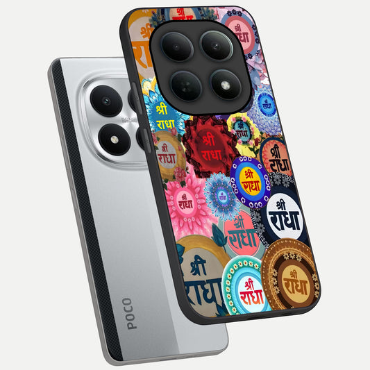 Radha Divine Bloom phone case For Poco M8 Pro showing premium glass back cover with detailed artwork