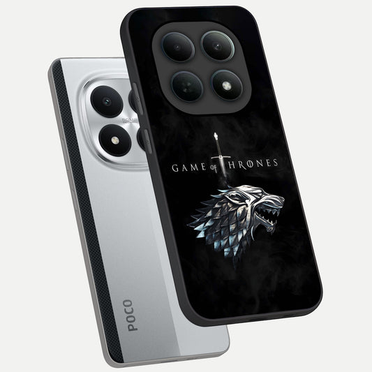 Throne Wolf Legacy phone case For Poco M8 Pro showing premium glass back cover with detailed artwork