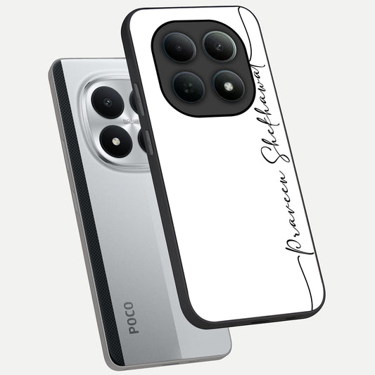 White Tune Custom Name phone case For Poco M8 Pro showing premium custom name glass back cover