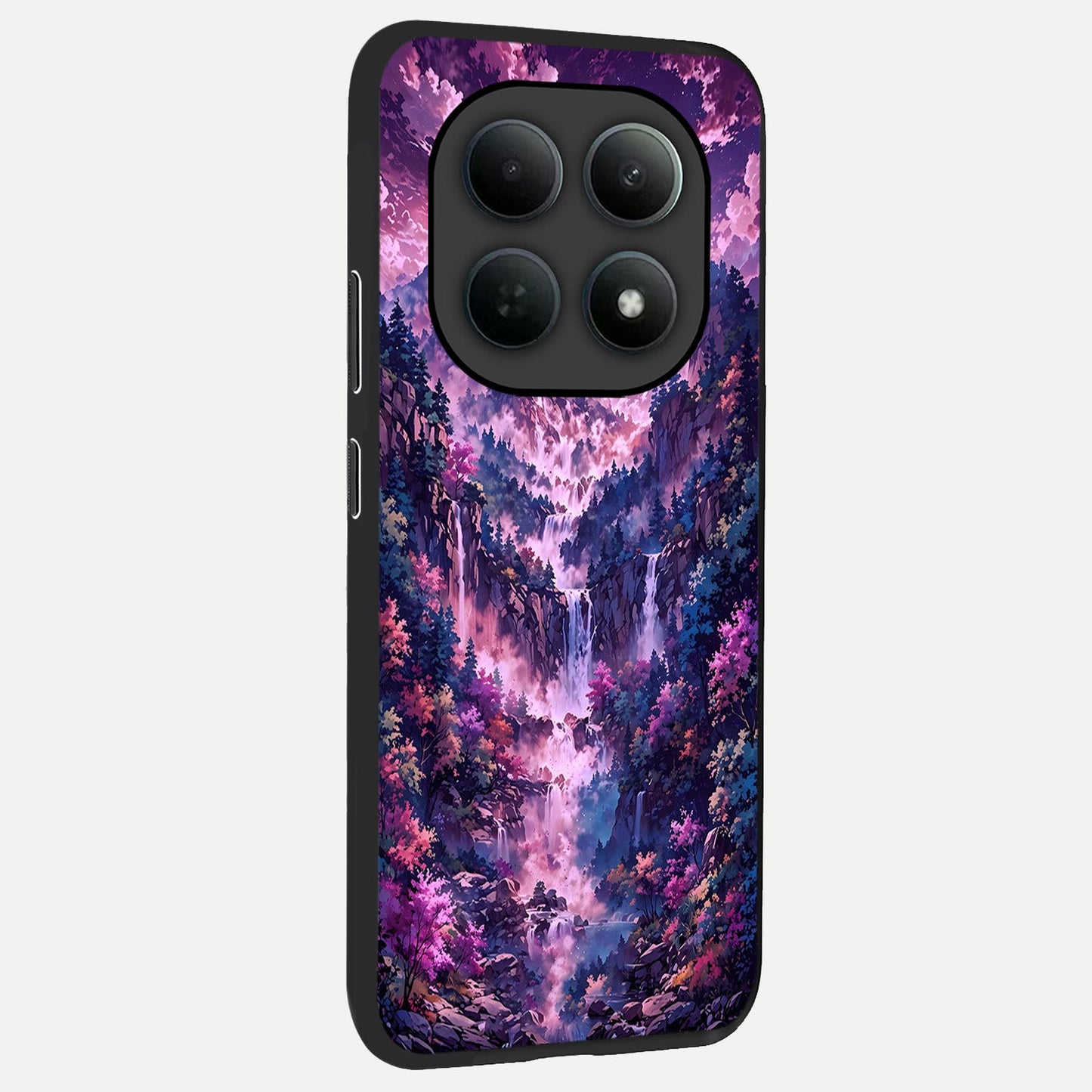 Mystic Cascade Peaks back cover For Poco M8 Pro slim fit glass case with vibrant aesthetic design