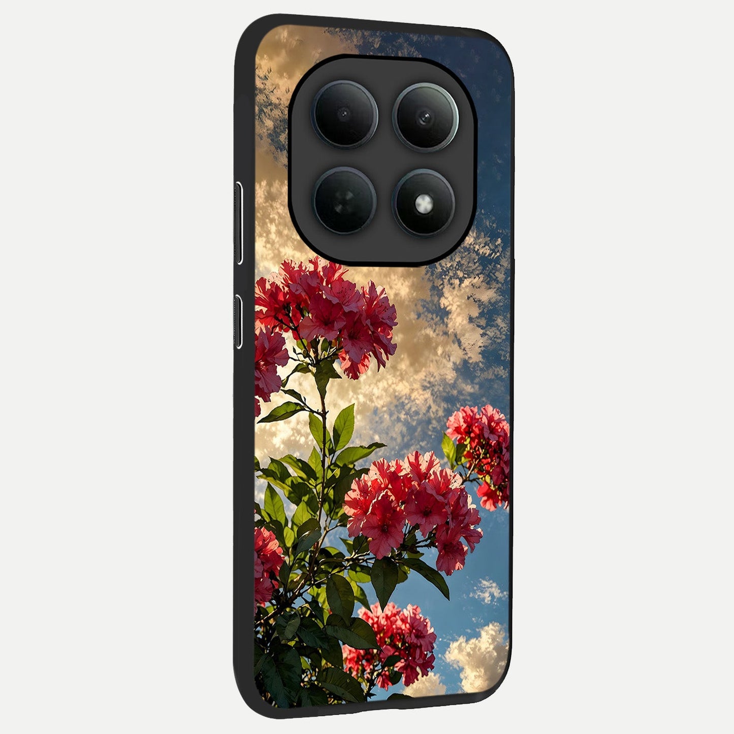 Red Bloom Skies back cover For Poco M8 Pro slim fit glass case with vibrant aesthetic design