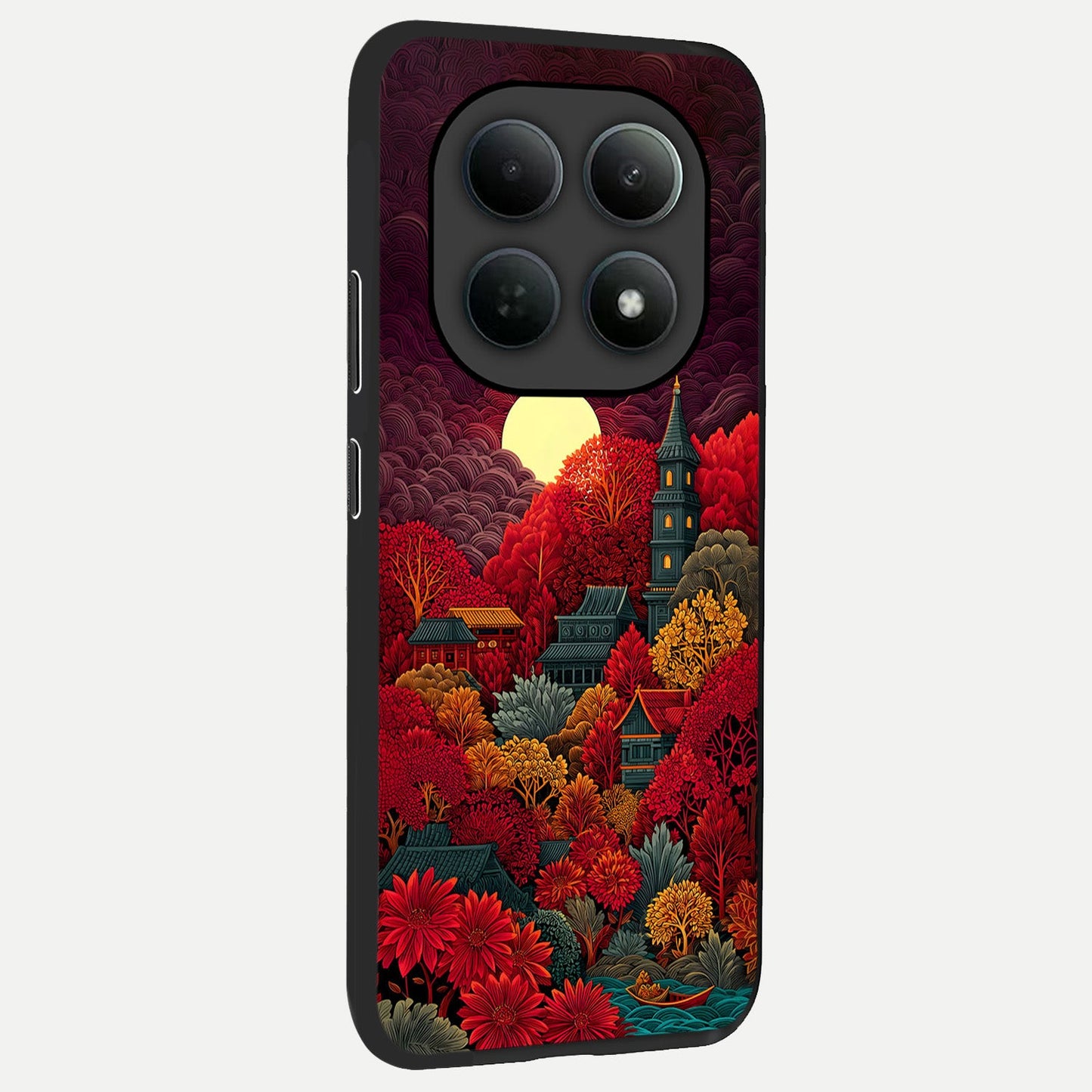 Scarlet Autumn Temple back cover For Poco M8 Pro slim fit glass case with vibrant aesthetic design
