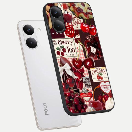 Aesthetic Cherry Tea phone case For Poco X8 Pro showing premium glass back cover with detailed artwork