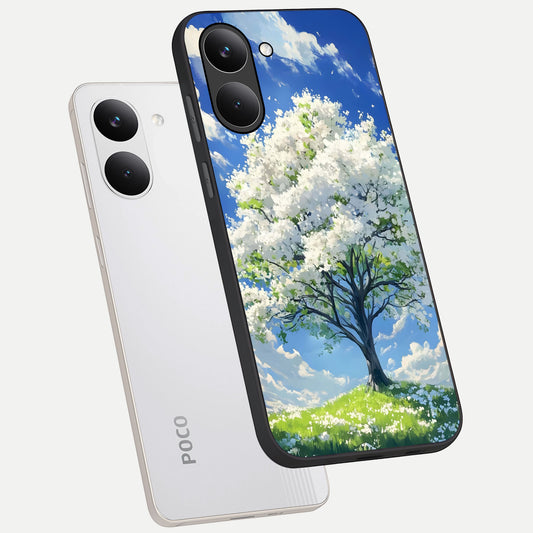 Blossom Sky Serenity phone case For Poco X8 Pro showing premium glass back cover with detailed artwork