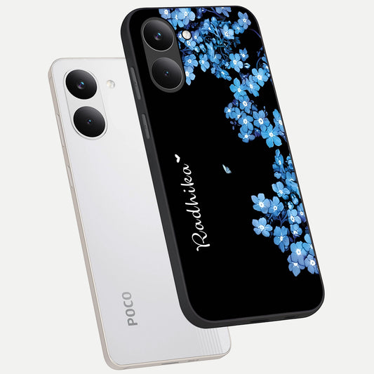 Blue Petal Dream Custom Name phone case For Poco X8 Pro showing premium glass back cover with detailed artwork