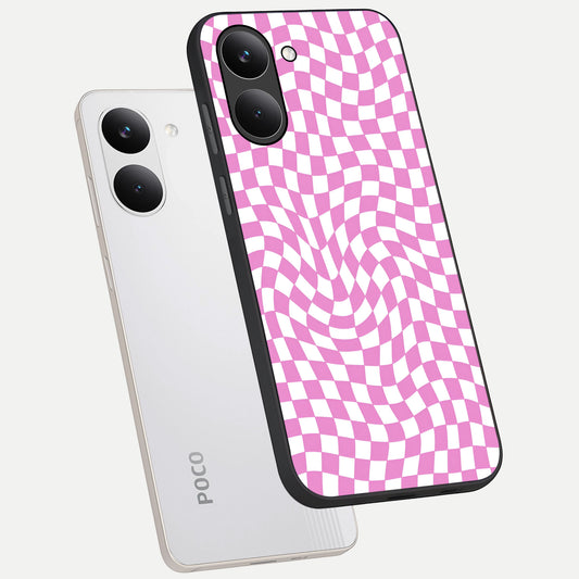 Bubblegum Check Wave phone case For Poco X8 Pro showing premium glass back cover with detailed artwork