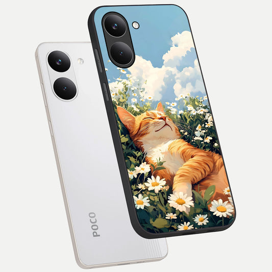 Cat And Flowers View phone case For Poco X8 Pro showing premium glass back cover with detailed artwork