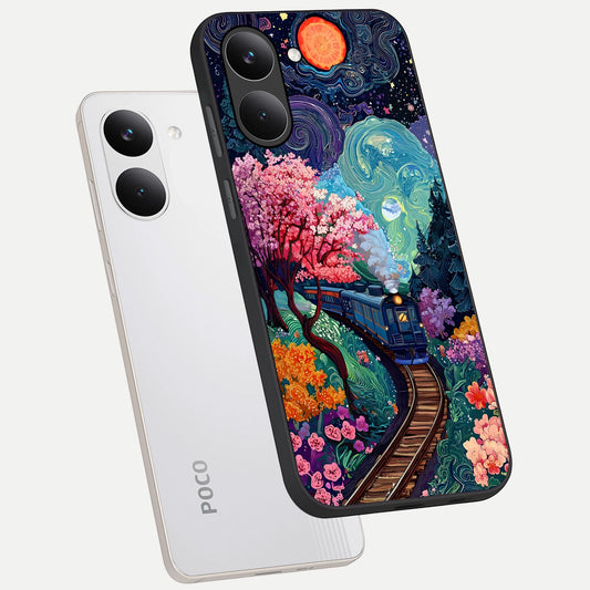 Celestial Train Journey phone case For Poco X8 Pro showing premium glass back cover with detailed artwork