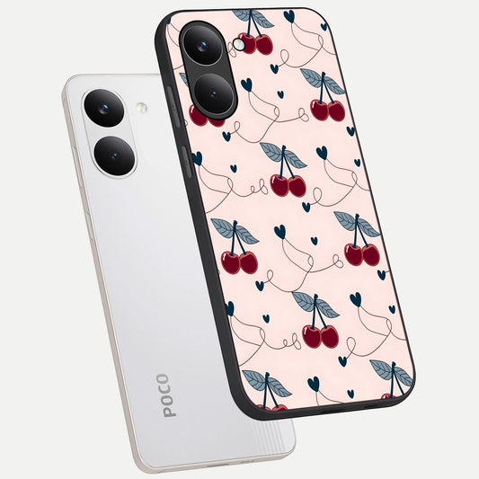 Cherry Heart Line phone case For Poco X8 Pro showing premium glass back cover with detailed artwork