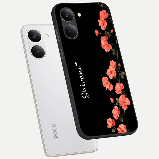 Crimson Bloom Grace Custom Name phone case For Poco X8 Pro showing premium glass back cover with detailed artwork
