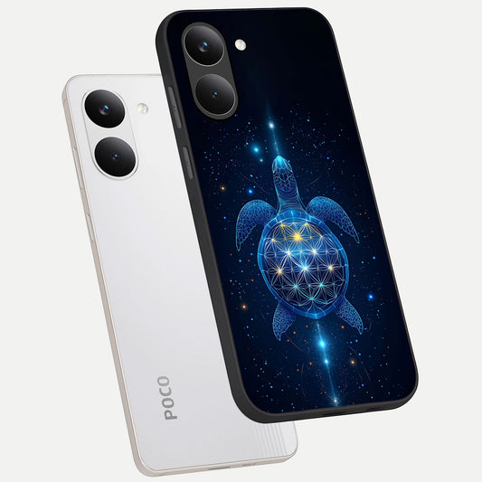 Crimson Blue Turtle phone case For Poco X8 Pro showing premium glass back cover with detailed artwork