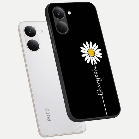 Custom Name White Flower phone case For Poco X8 Pro showing premium glass back cover with detailed artwork