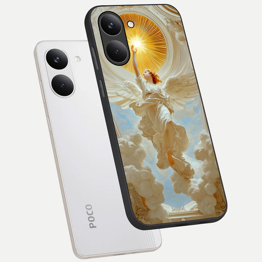 Divine Light Angel phone case For Poco X8 Pro showing premium glass back cover with detailed artwork