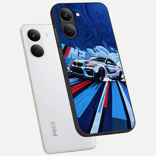 Drift Power Rush phone case For Poco X8 Pro showing premium glass back cover with detailed artwork