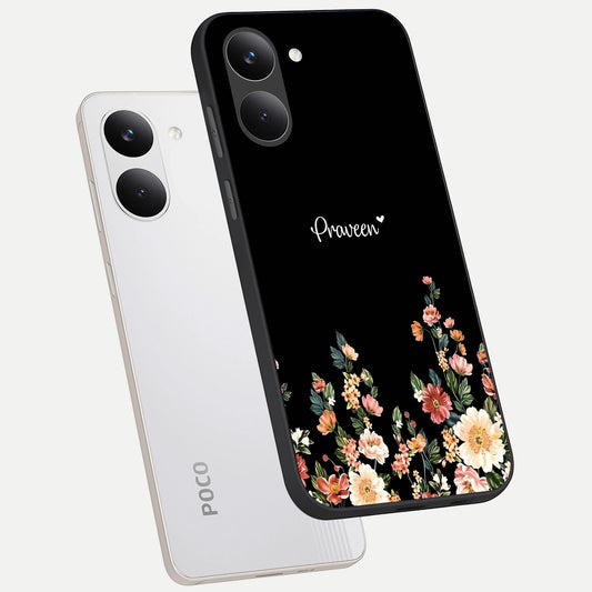 Floral Design Personalized Custom Name phone case For Poco X8 Pro showing premium glass back cover with detailed artwork