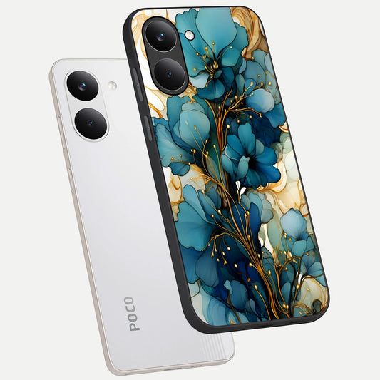 Golden Bloom Symphony phone case For Poco X8 Pro showing premium glass back cover with detailed artwork