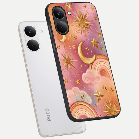 Golden Celestial Dreams phone case For Poco X8 Pro showing premium glass back cover with detailed artwork