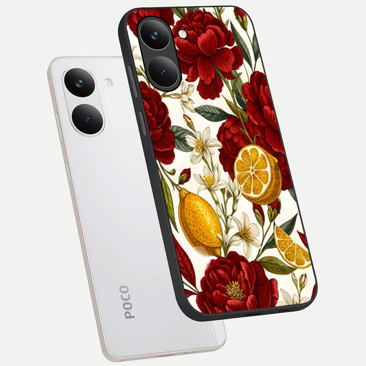 Lemon Rose Charm phone case For Poco X8 Pro showing premium glass back cover with detailed artwork