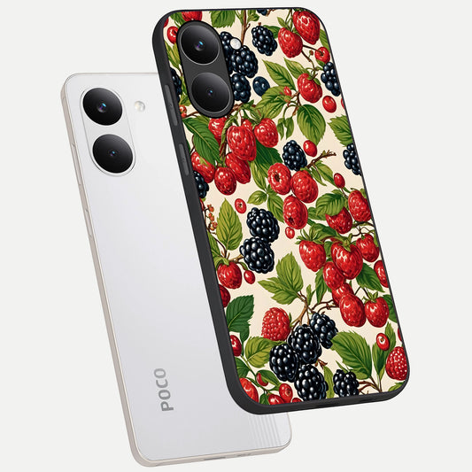 Mixed Berry Collage phone case For Poco X8 Pro showing premium glass back cover with detailed artwork