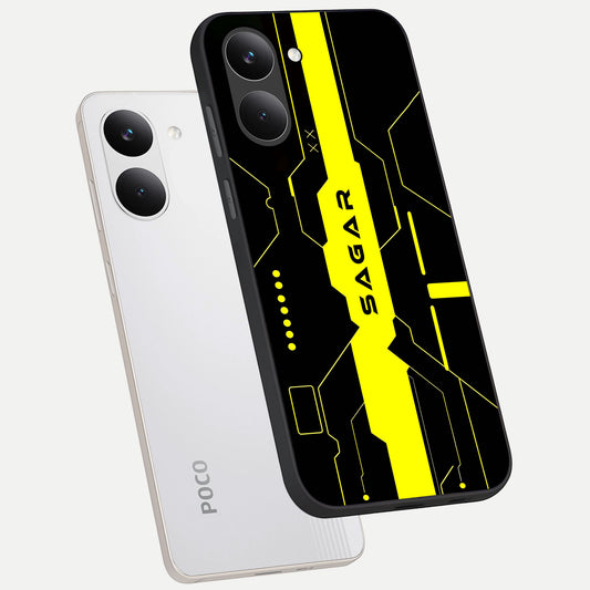 Neon CYBERPUNK Custom Name phone case For Poco X8 Pro showing premium glass back cover with detailed artwork