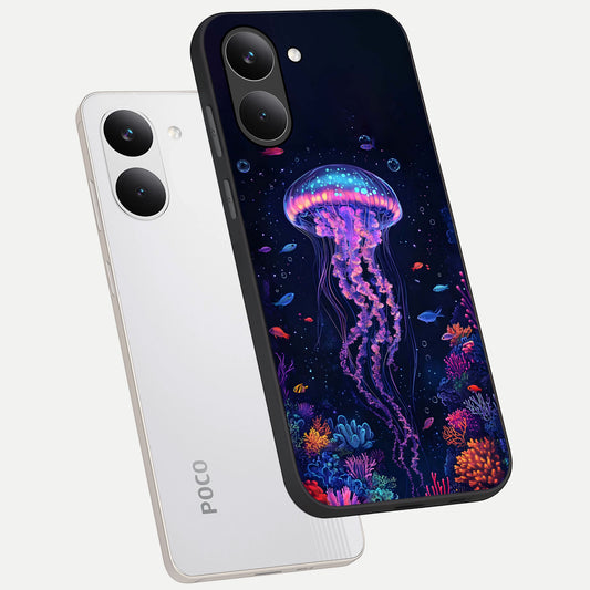 Neon Jellyfish phone case For Poco X8 Pro showing premium glass back cover with detailed artwork