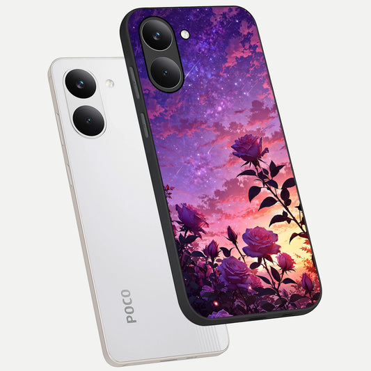 Starlit Rose Twilight phone case For Poco X8 Pro showing premium glass back cover with detailed artwork