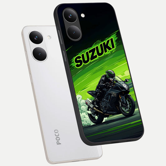 Suzuki Speed Beast phone case For Poco X8 Pro showing premium glass back cover with detailed artwork