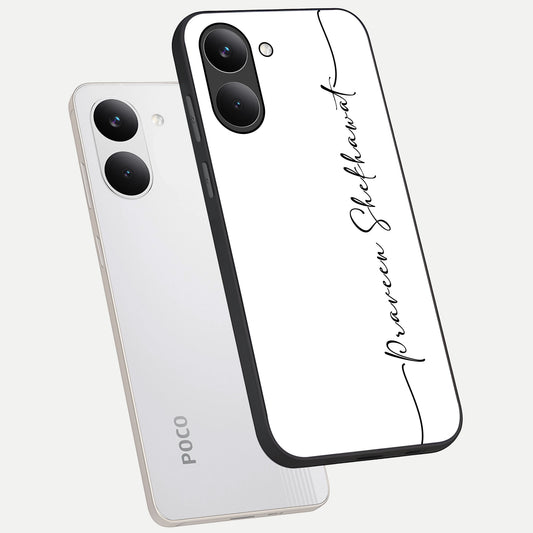 White Tune Custom Name phone case For Poco X8 Pro showing premium custom name glass back cover