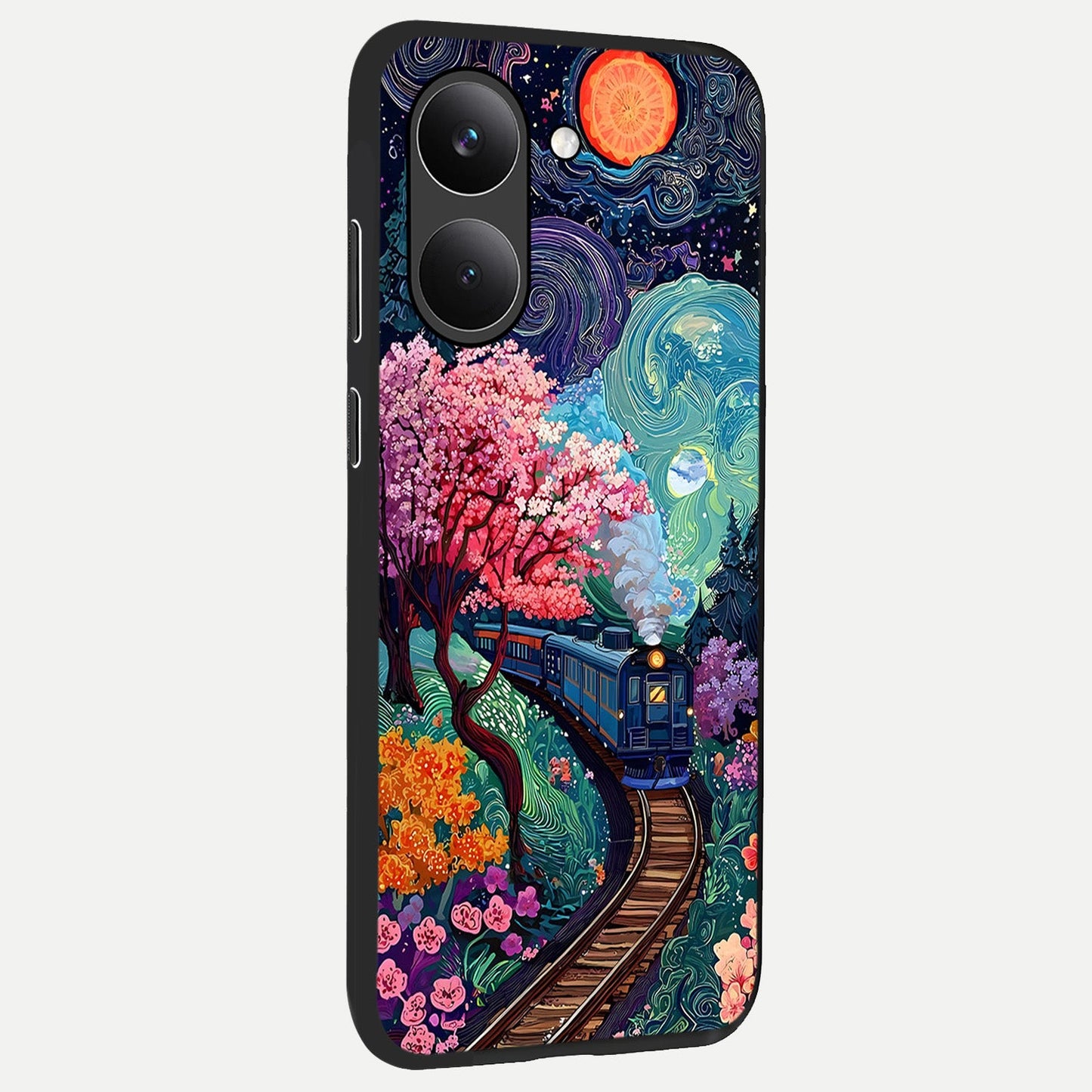 Celestial Train Journey back cover For Poco X8 Pro slim fit glass case with vibrant aesthetic design
