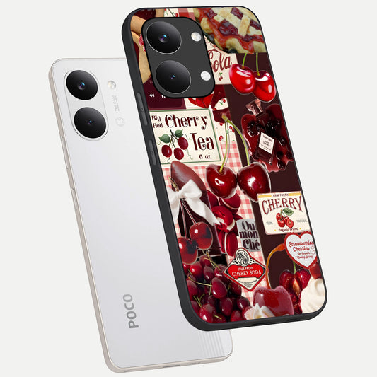 Aesthetic Cherry Tea phone case For Poco X8 Pro Max showing premium glass back cover with detailed artwork