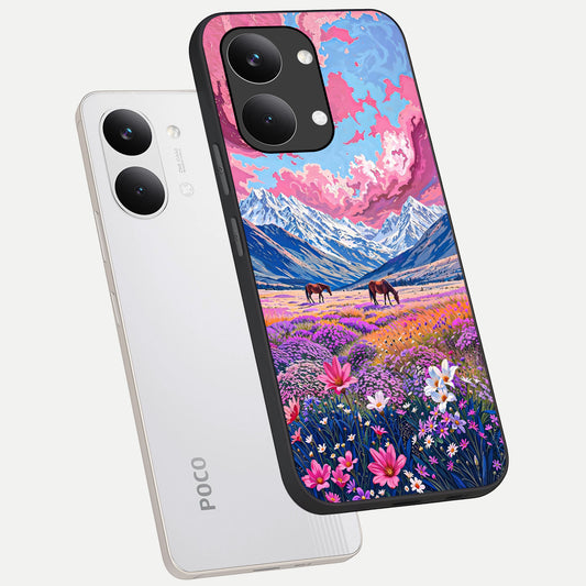 Blossom Valley Dream phone case For Poco X8 Pro Max showing premium glass back cover with detailed artwork