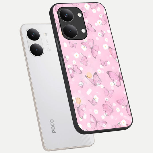 Blush Butterfly Garden phone case For Poco X8 Pro Max showing premium glass back cover with detailed artwork
