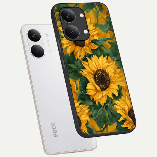Bright Sunflower Bloom phone case For Poco X8 Pro Max showing premium glass back cover with detailed artwork