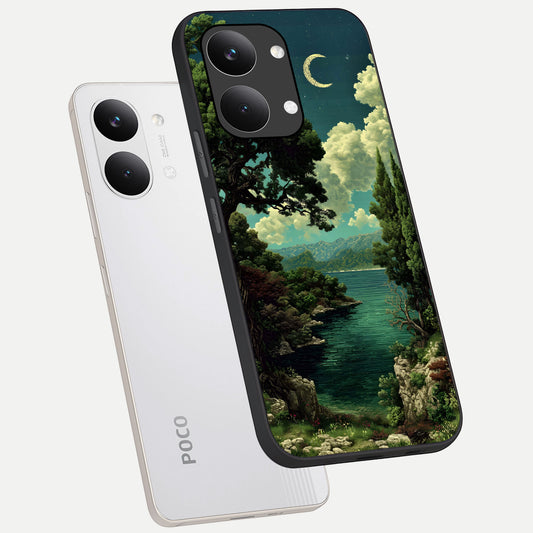 Celestial Lake Peace phone case For Poco X8 Pro Max showing premium glass back cover with detailed artwork