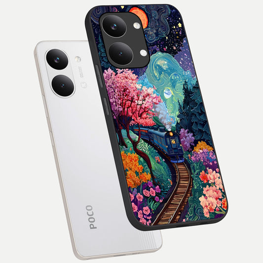Celestial Train Journey phone case For Poco X8 Pro Max showing premium glass back cover with detailed artwork