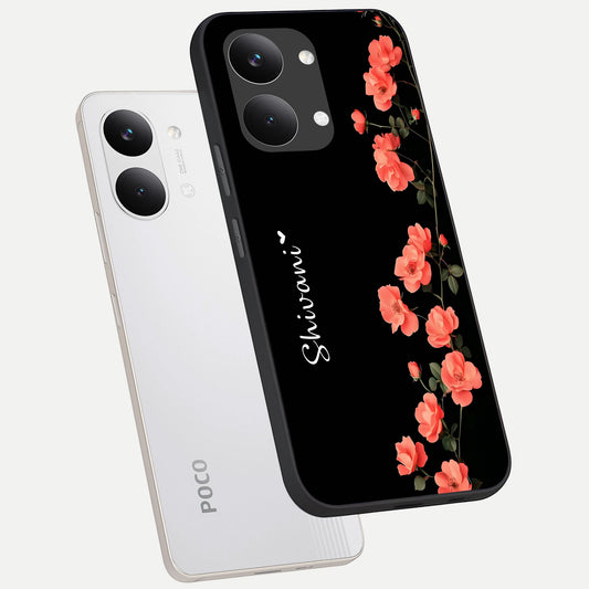 Crimson Bloom Grace Custom Name phone case For Poco X8 Pro Max showing premium glass back cover with detailed artwork
