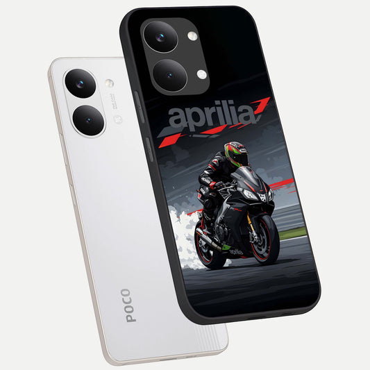 Dark Aprilla phone case For Poco X8 Pro Max showing premium glass back cover with detailed artwork
