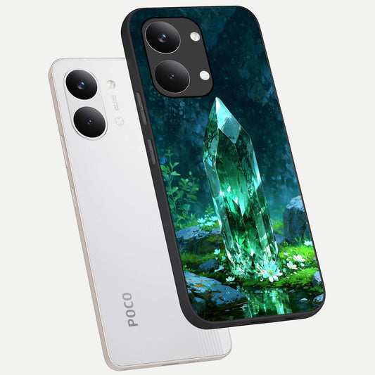 Emerald Light Crystal phone case For Poco X8 Pro Max showing premium glass back cover with detailed artwork
