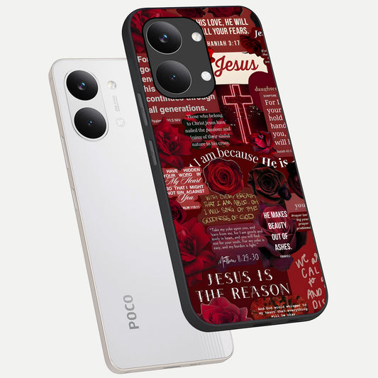 Jesus Love Heals phone case For Poco X8 Pro Max showing premium glass back cover with detailed artwork