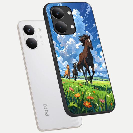 Majestic Horses Galloping phone case For Poco X8 Pro Max showing premium glass back cover with detailed artwork
