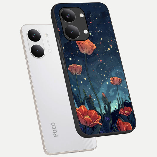 Midnight Tulip Glow phone case For Poco X8 Pro Max showing premium glass back cover with detailed artwork