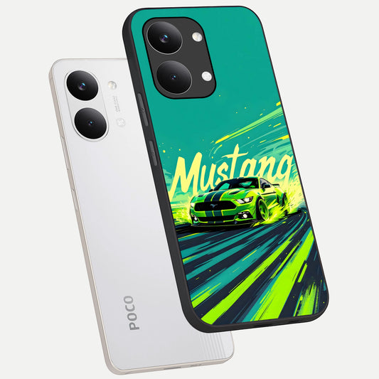 Mustang Bang phone case For Poco X8 Pro Max showing premium glass back cover with detailed artwork